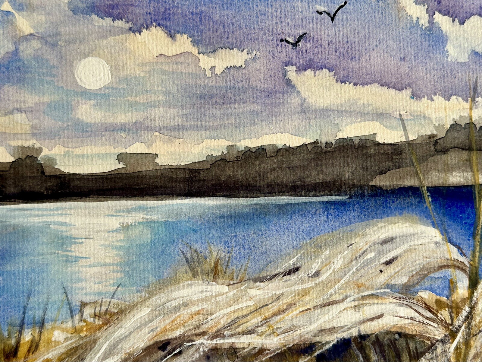 Original watercolour Spring landscape with trees and river reflection of clouds