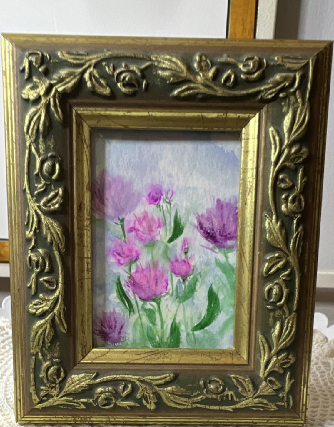 Original Watercolor in VTG Gold Ornate Faux Wood Picture Frame Floral 4.25×5.75