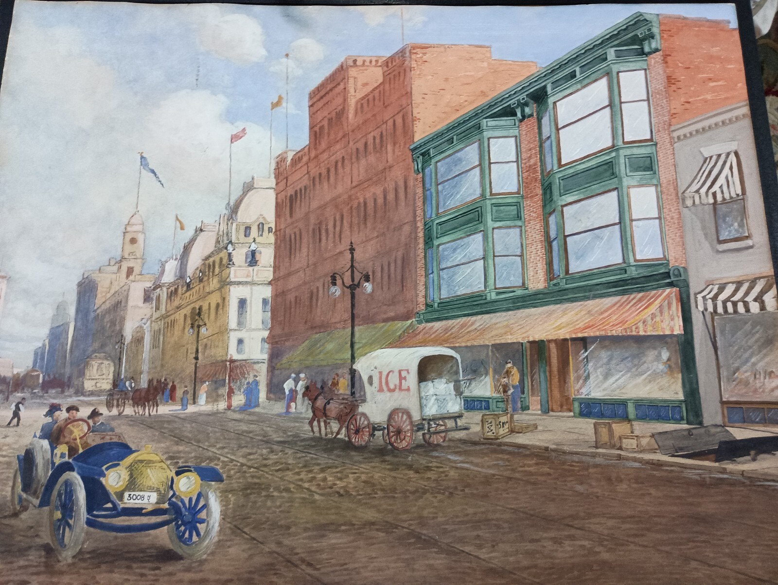 SETH JONES Original Framed Cityscape Signed 1910 New York Horse & Auto Painting