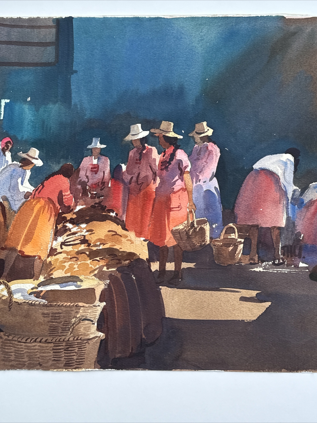 VINTAGE IMPRESSIONISM PAINTING MEXICO STREET SCENE VENDORS MARKET CASTILLO