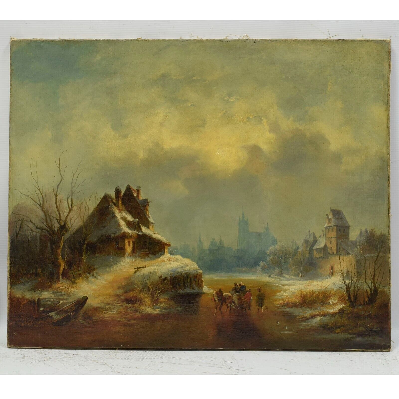 Ca. 1850 Old oil painting Dutch winter landscape 27.2 x 22 in