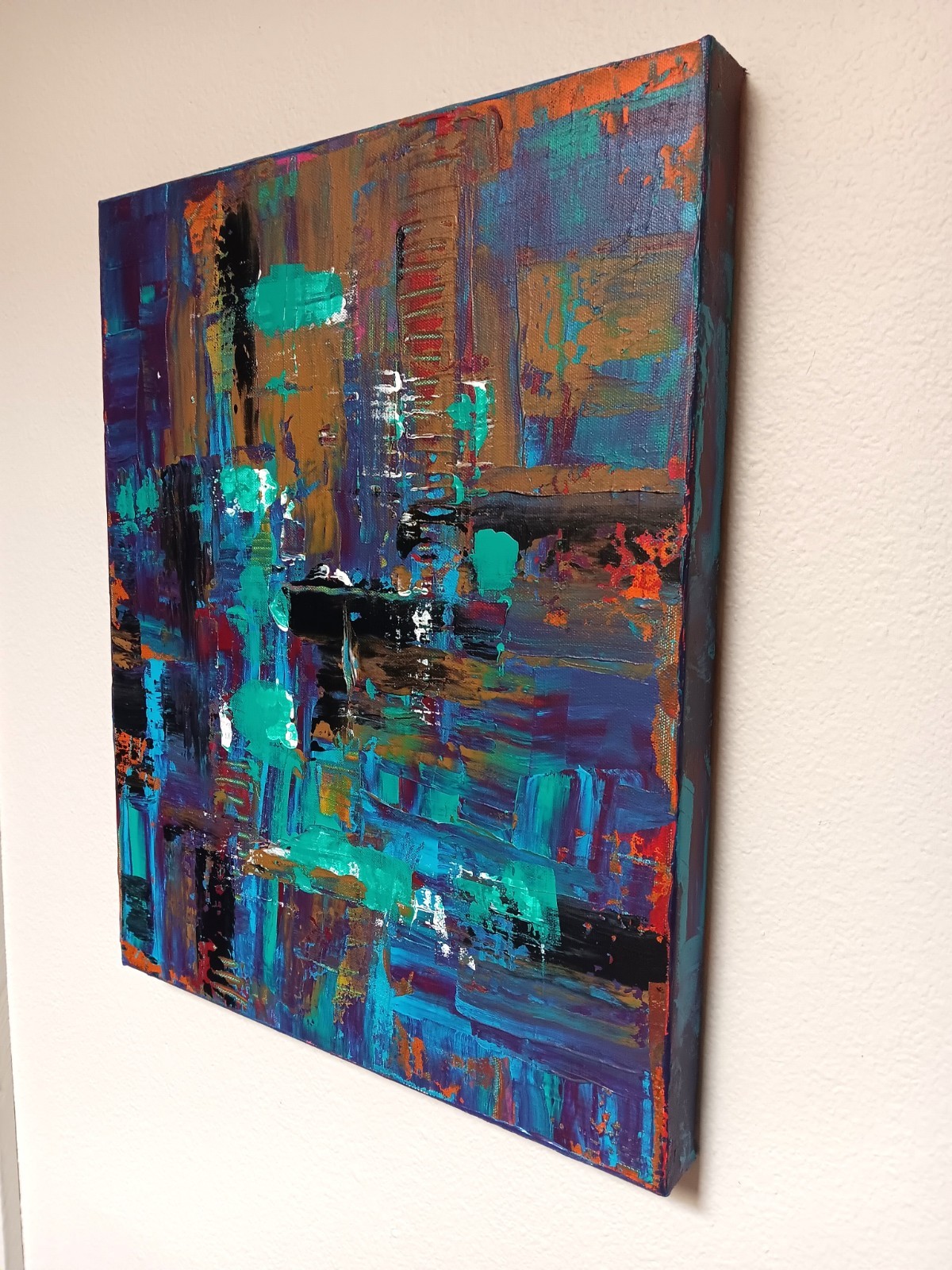 Small abstract original black turquoise blue pink red ochre «Wonder»