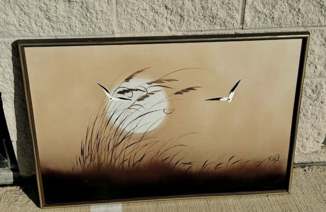 Mid Century Vintage Signed Shirley Newell Sunrise Seagull Painting Original Art