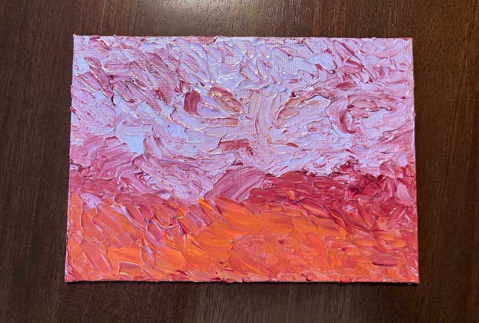 Abstract Acrylic On Canvas Panel Art Pink Red 5” X 7” Small Easel Art Modern