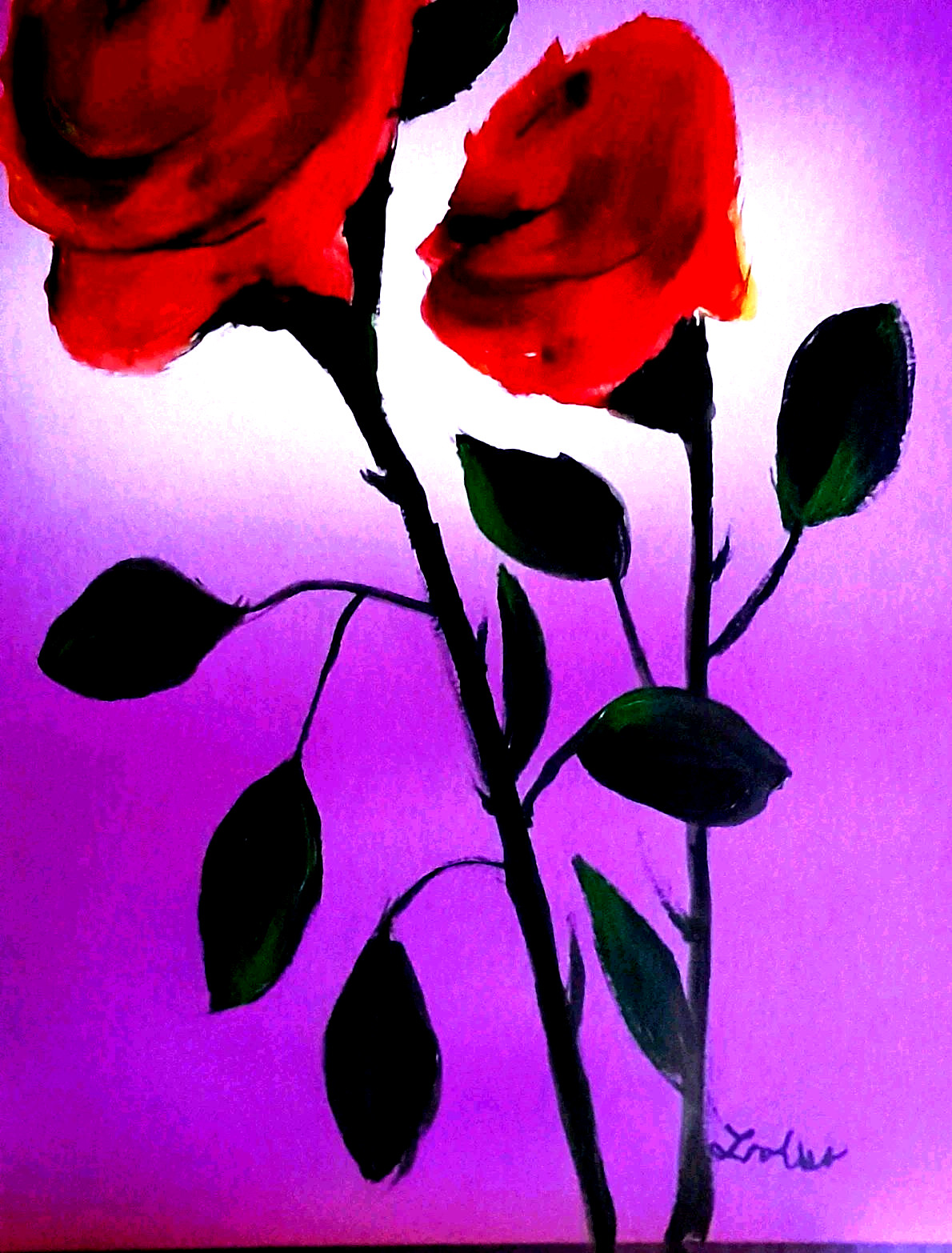 LOVELESS – TWO ROSES red impressionistic acrylic for living room 11 X 15 COA