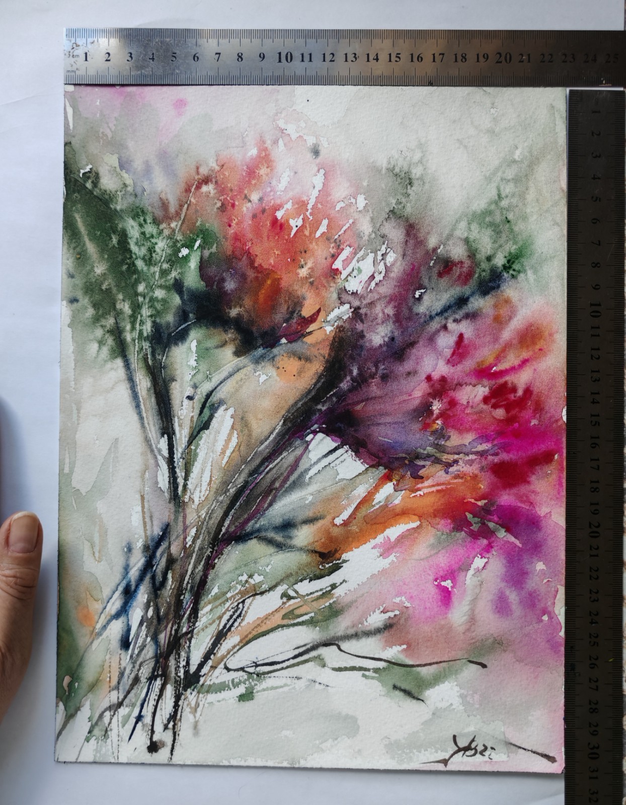Original Watercolor Spring Red Flowers Painting Abstract