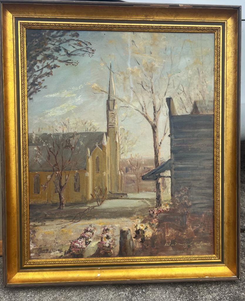 Old American Art Landscape Oil Painting Church Trees Signed Helen Muessel Nelson