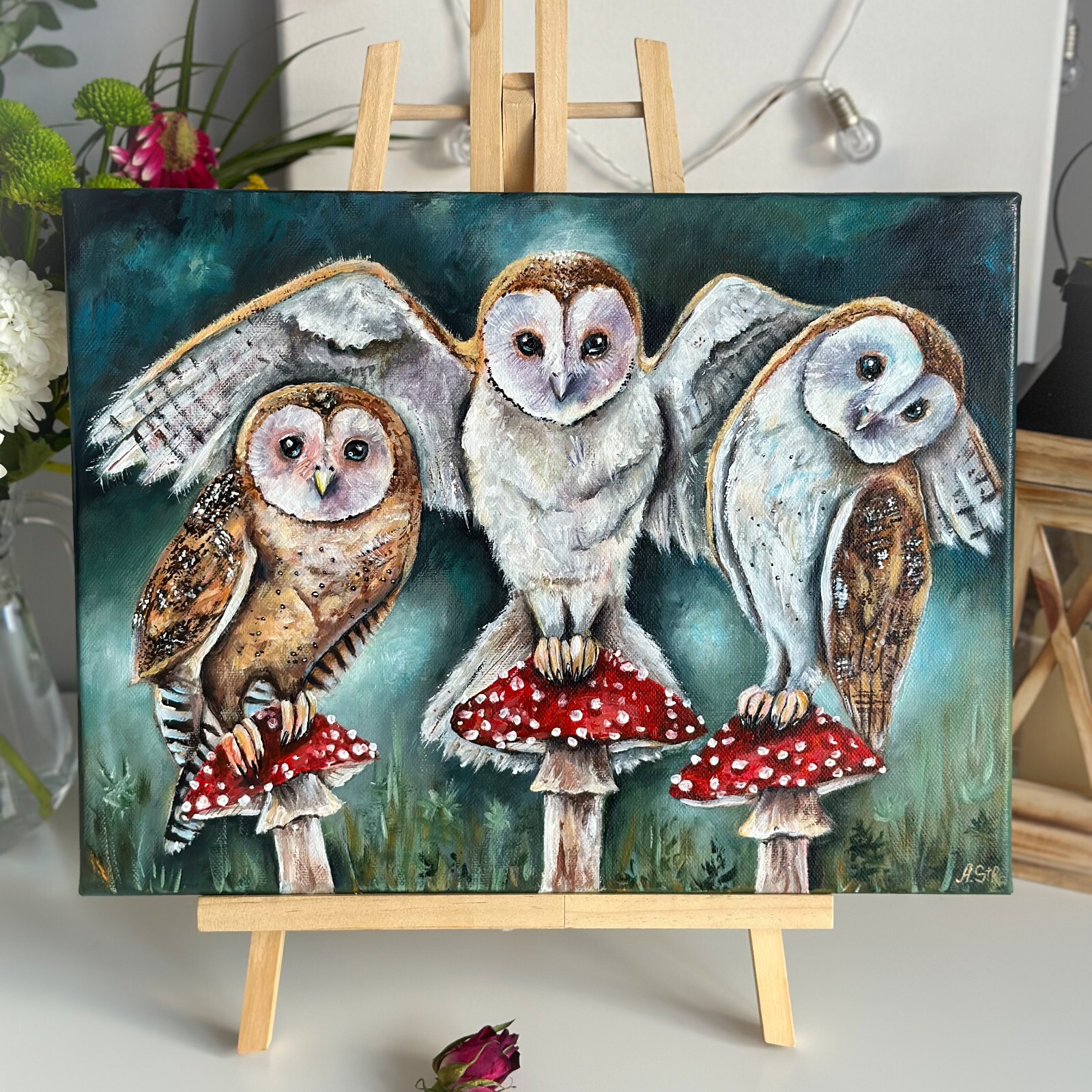 Original canvas painting Barn Owls, Bird painting, Woodland animal, Owl wall art