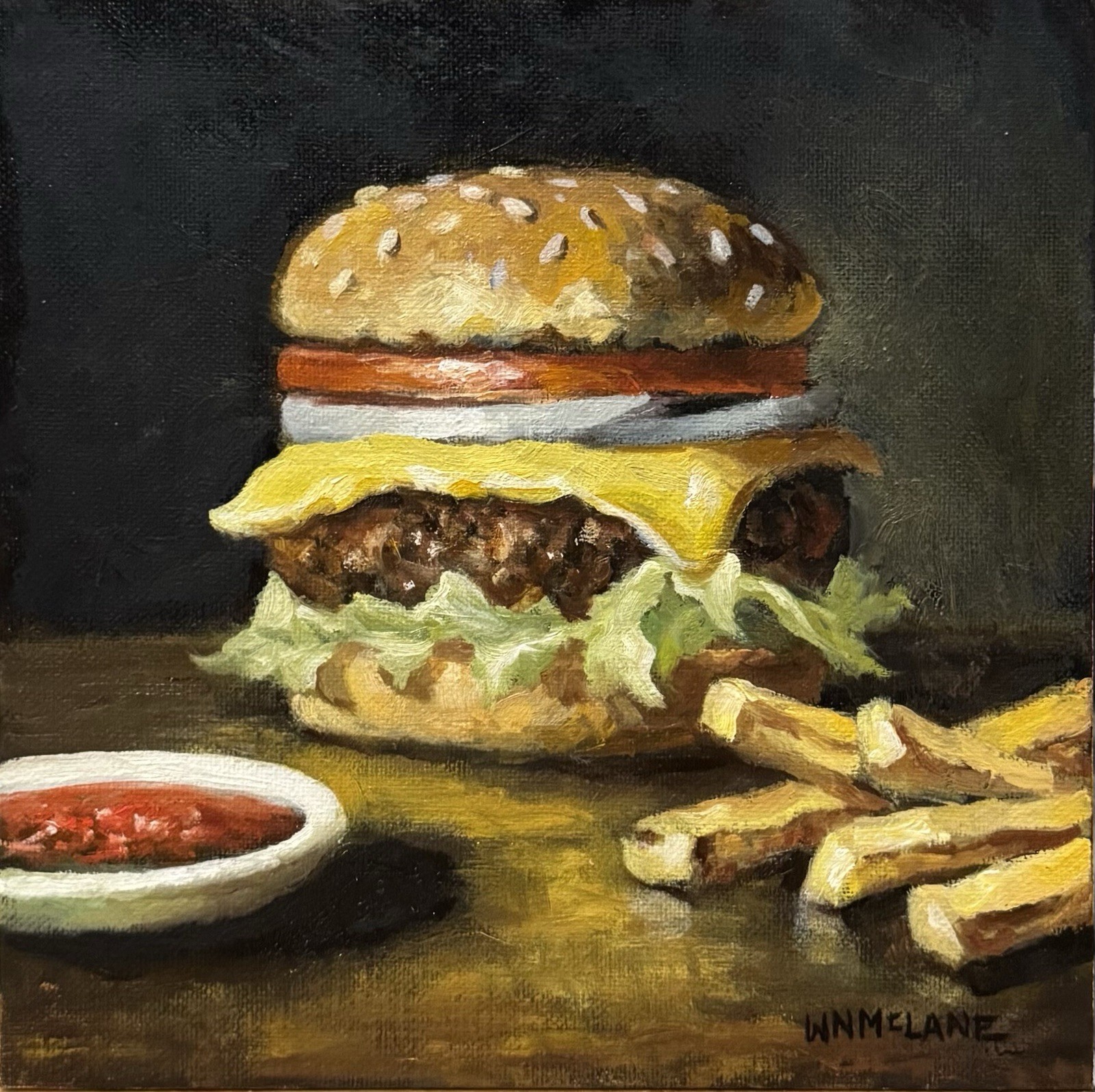 Original New Impressionist Still Life Cheeseburger Onion Fries Oil Painting