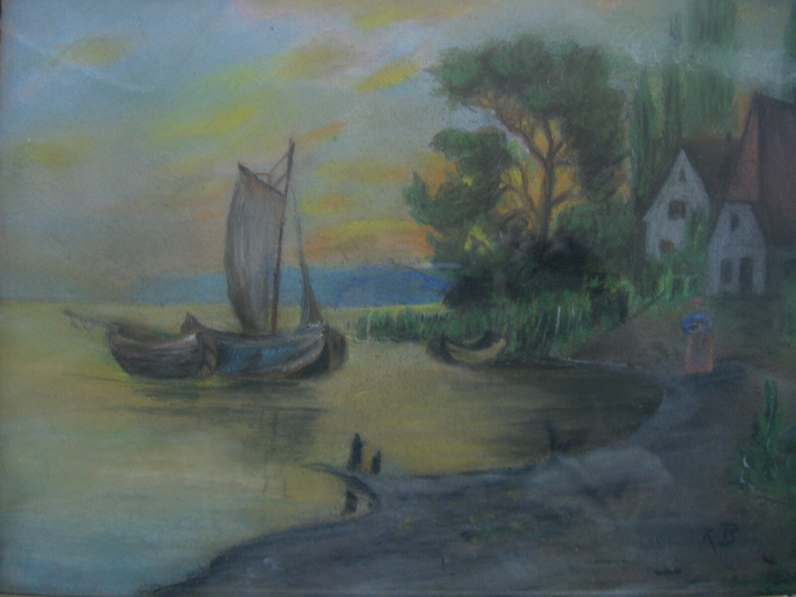 ::ANGLER BOOTE GEMÄLDE BUCHT KÜSTE MEER FISCHER WALD ROMANTISCH ANTIK MONOGR. KB
