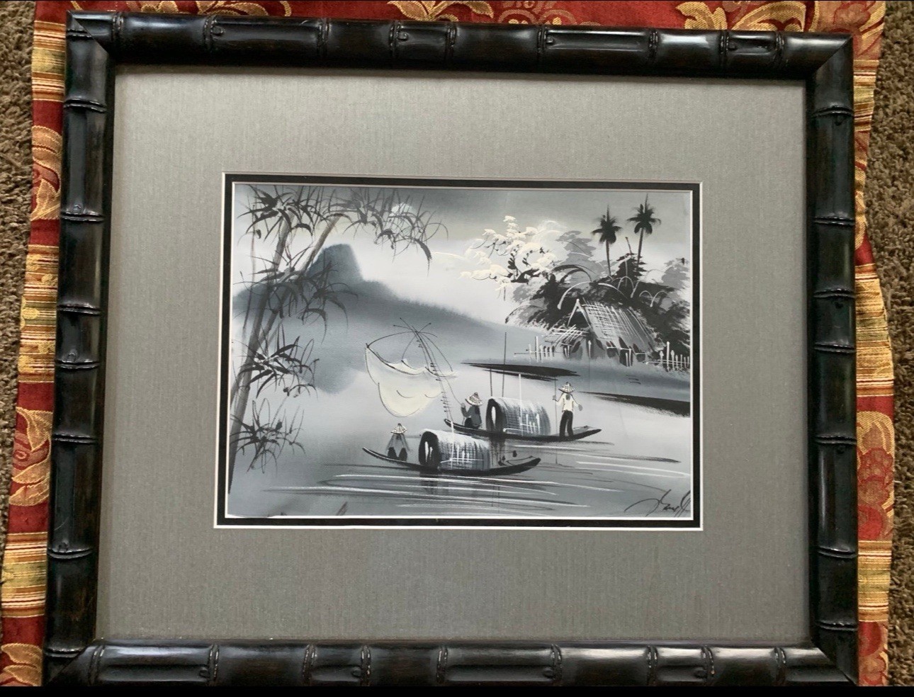 Framed Vietnamese Black & White Silk Screen Painting – Signed – Bamboo-Style
