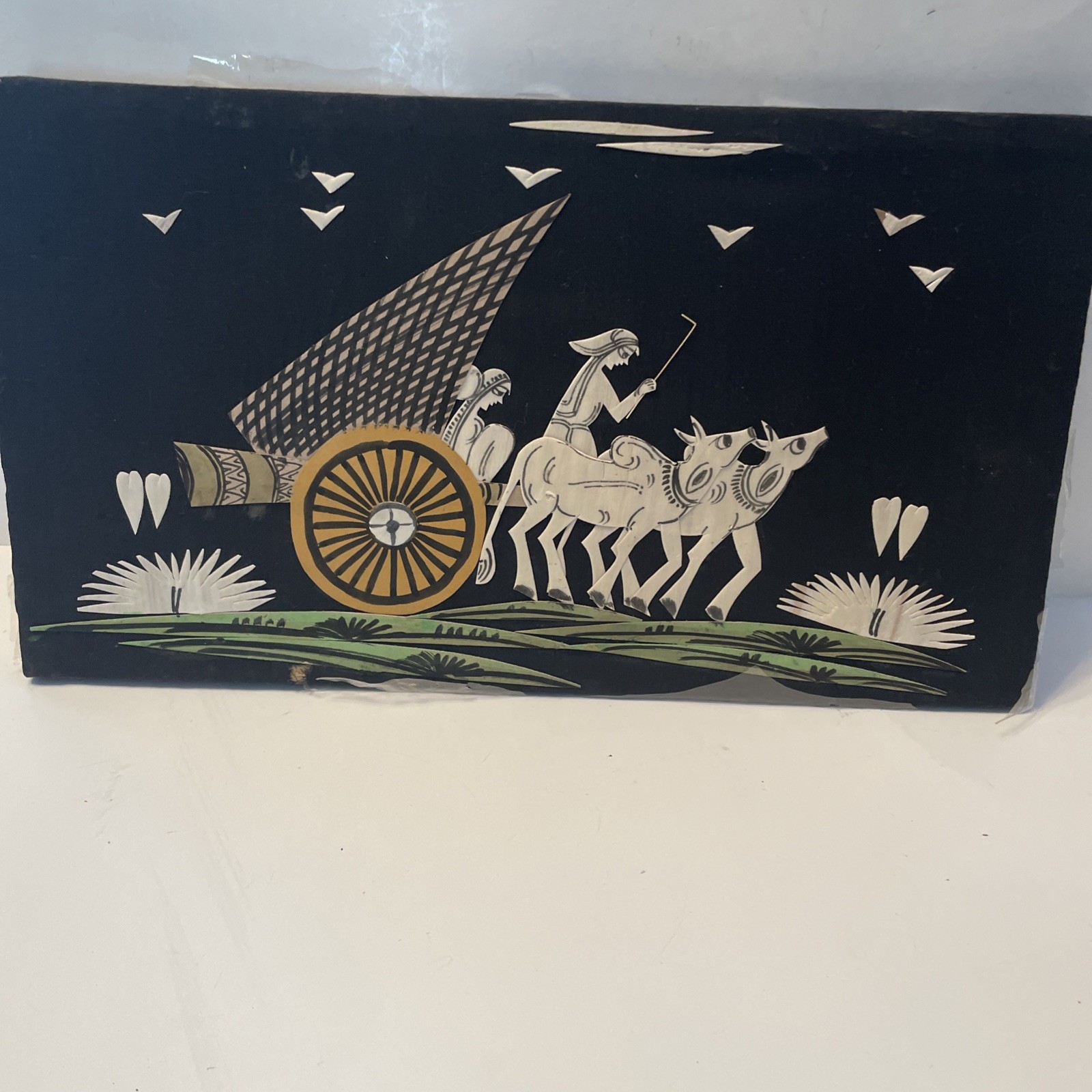 Art Folk-Hand painted Saura Icon Art -Black Cloth . Indian Tribal Art. 14” X8”
