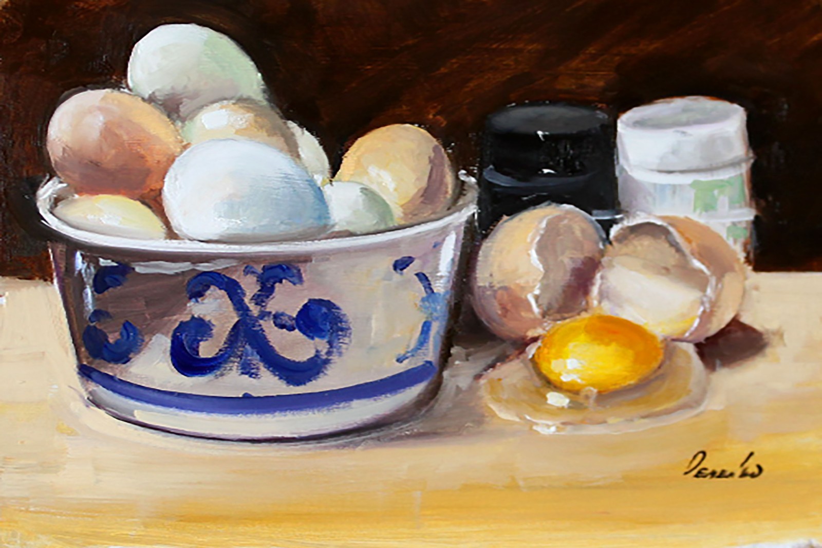 VINTAGE plate and eggs Oil Painting 8x12in Demenko
