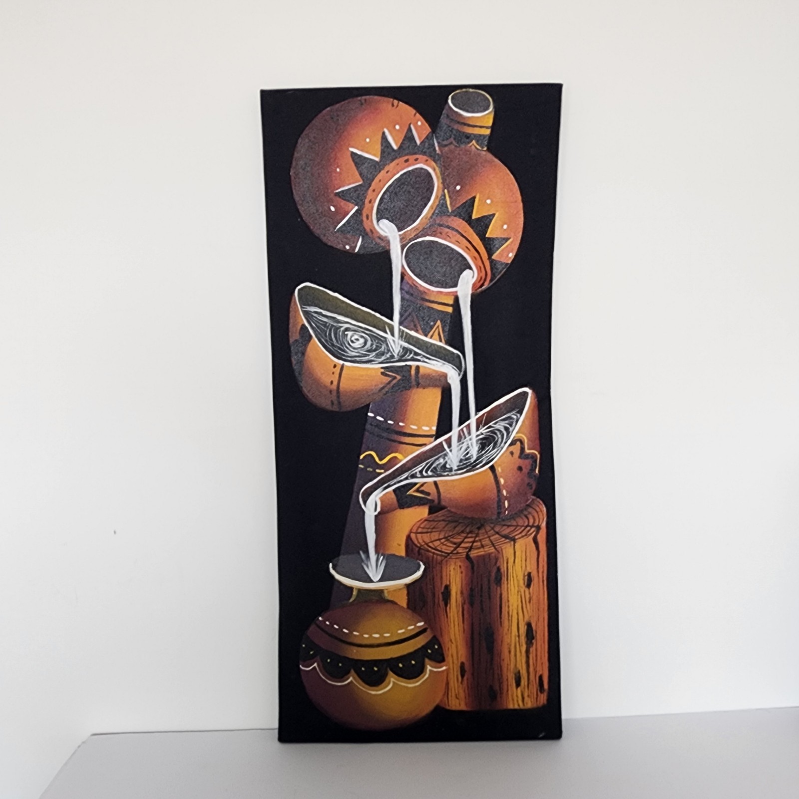 African Tribal Art Painting Calabash Gourds Pouring Water Handmade Canvas 12×25