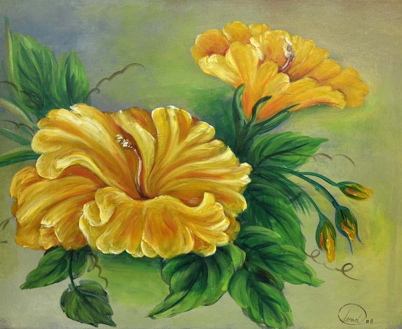 Original Yellow Hibiscus Flowers Floral Oil Painting Signed Israel 2008
