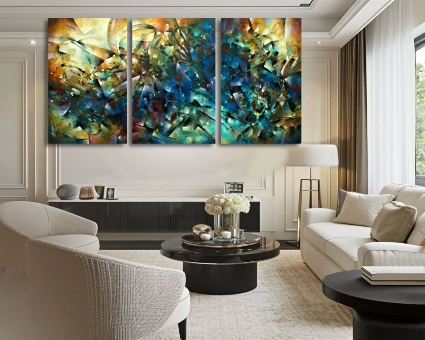 large painting multi-color3-piece Mike Lang original art home decor blue earthto