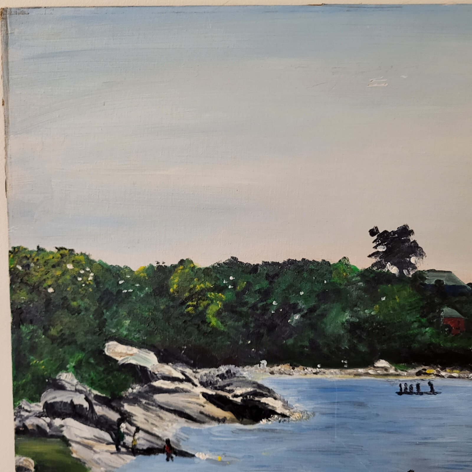 Vintage Lg Unframed Naive/Impressionist Painting People Relaxing at Lake 32×24