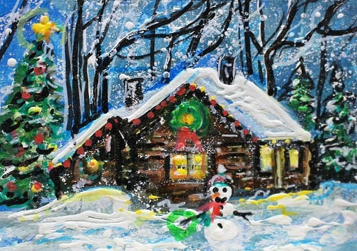 ACEO Original Winter XMAS Cabin Tree PAINTING Snow Snowman Holiday Landscape ART