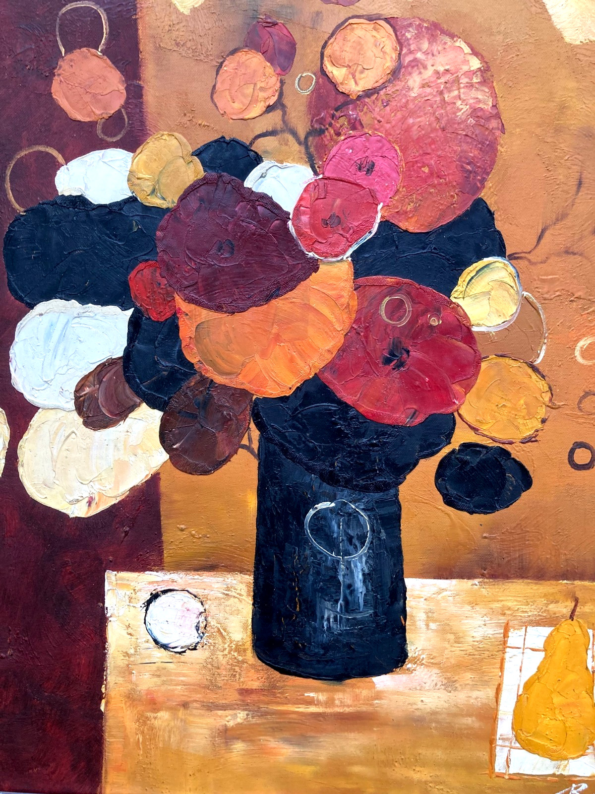 Original Oil Painting – «Flowers in a Vase and One Pear»