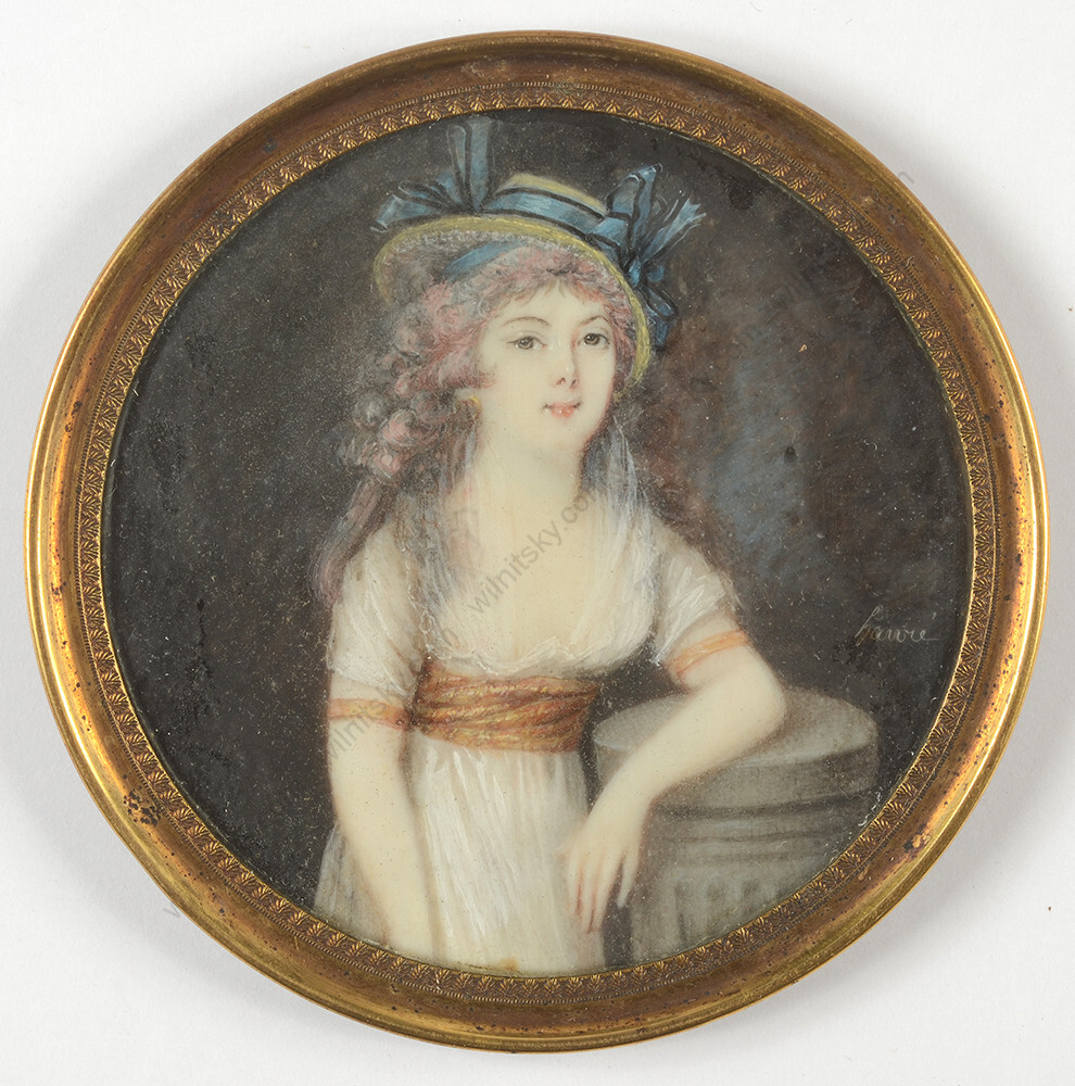 Mme de Hauré (fl. 1775/1785) «Lady at a park column», rare miniature, ca. 1780