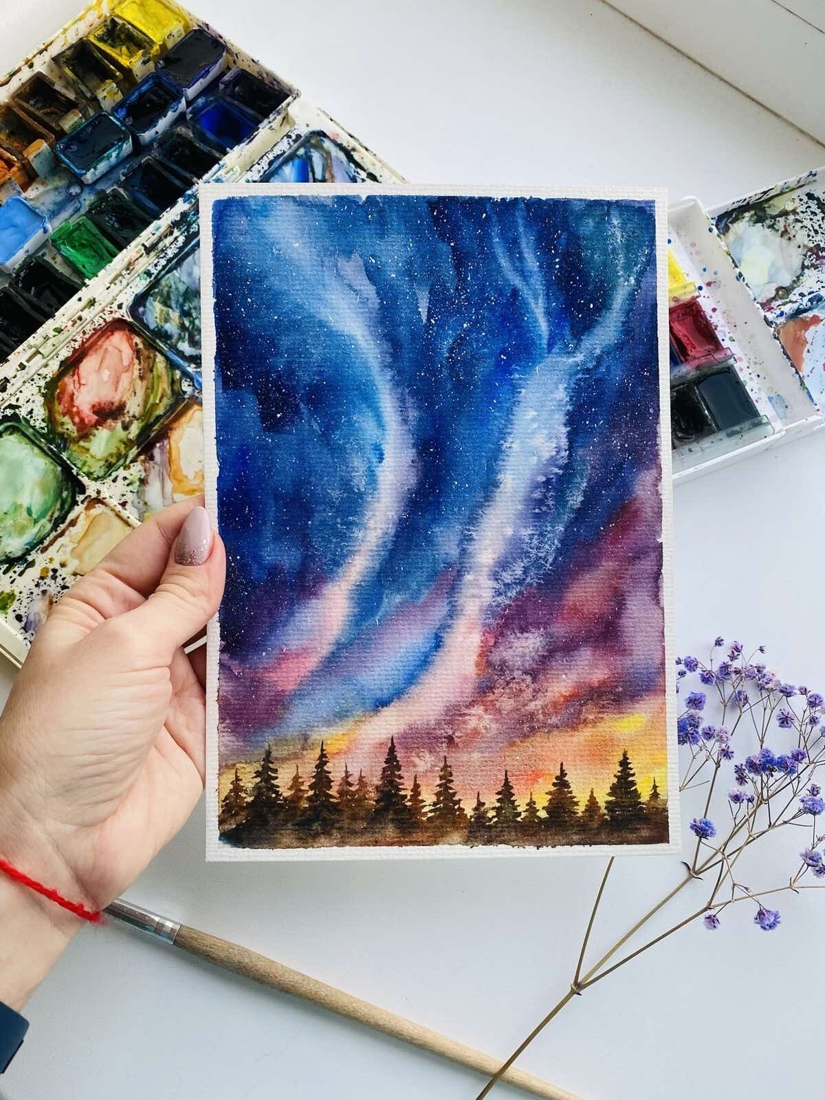 Original watercolor Art Aurora Borealis Painting Northern Lights Art Night Sky