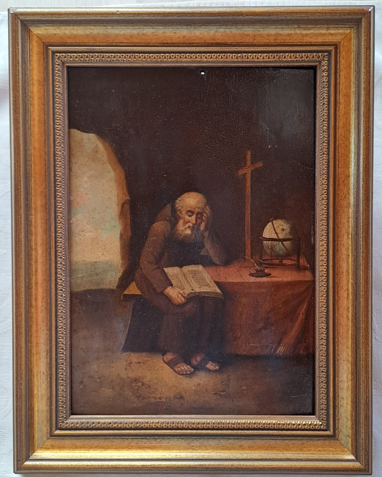 Hermit with Globe Sitting in a Cave Fine Baroque Painting 18th Century Oil