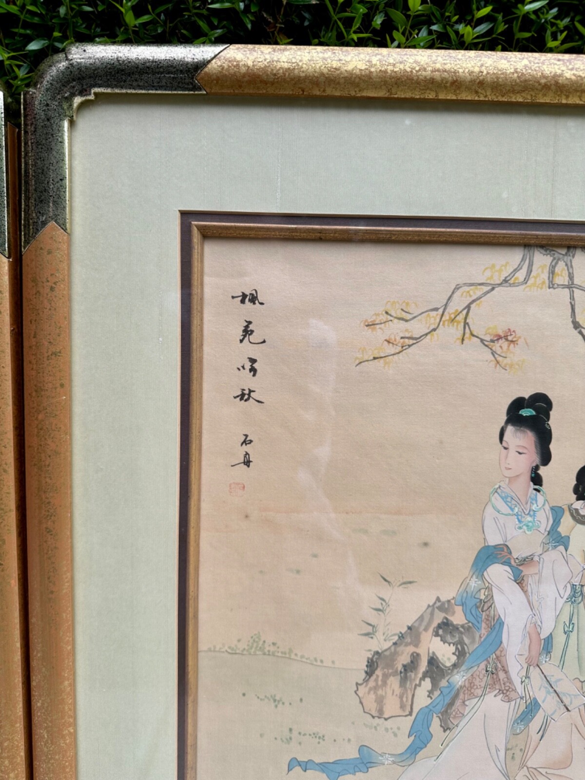 Antique Asian Pair of “Two Women in Garden” Framed Ink & Colors Silk Paintings