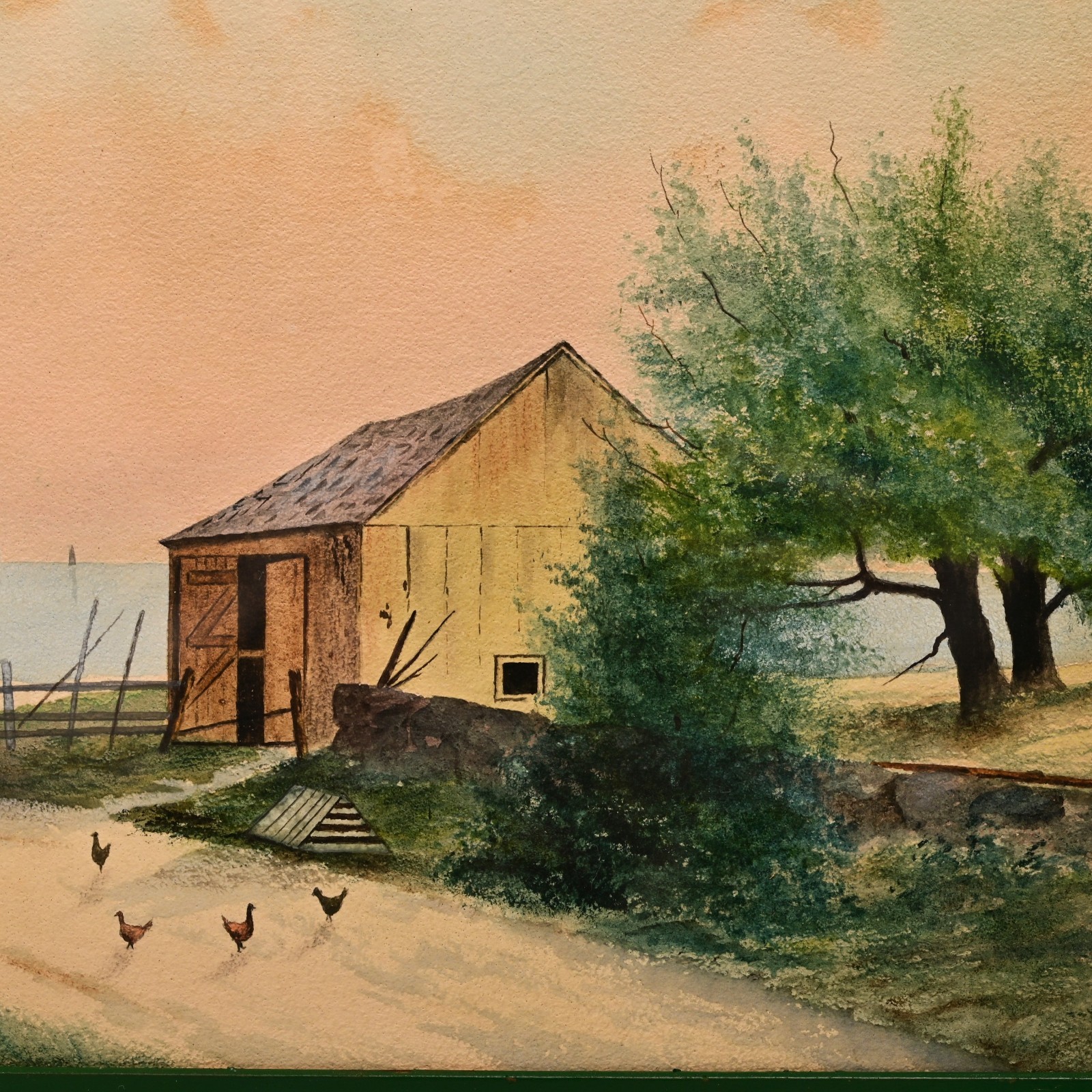 TSCHUSCHKE Original Vintage Signed 19thC House Barn Seascape Watercolor Painting