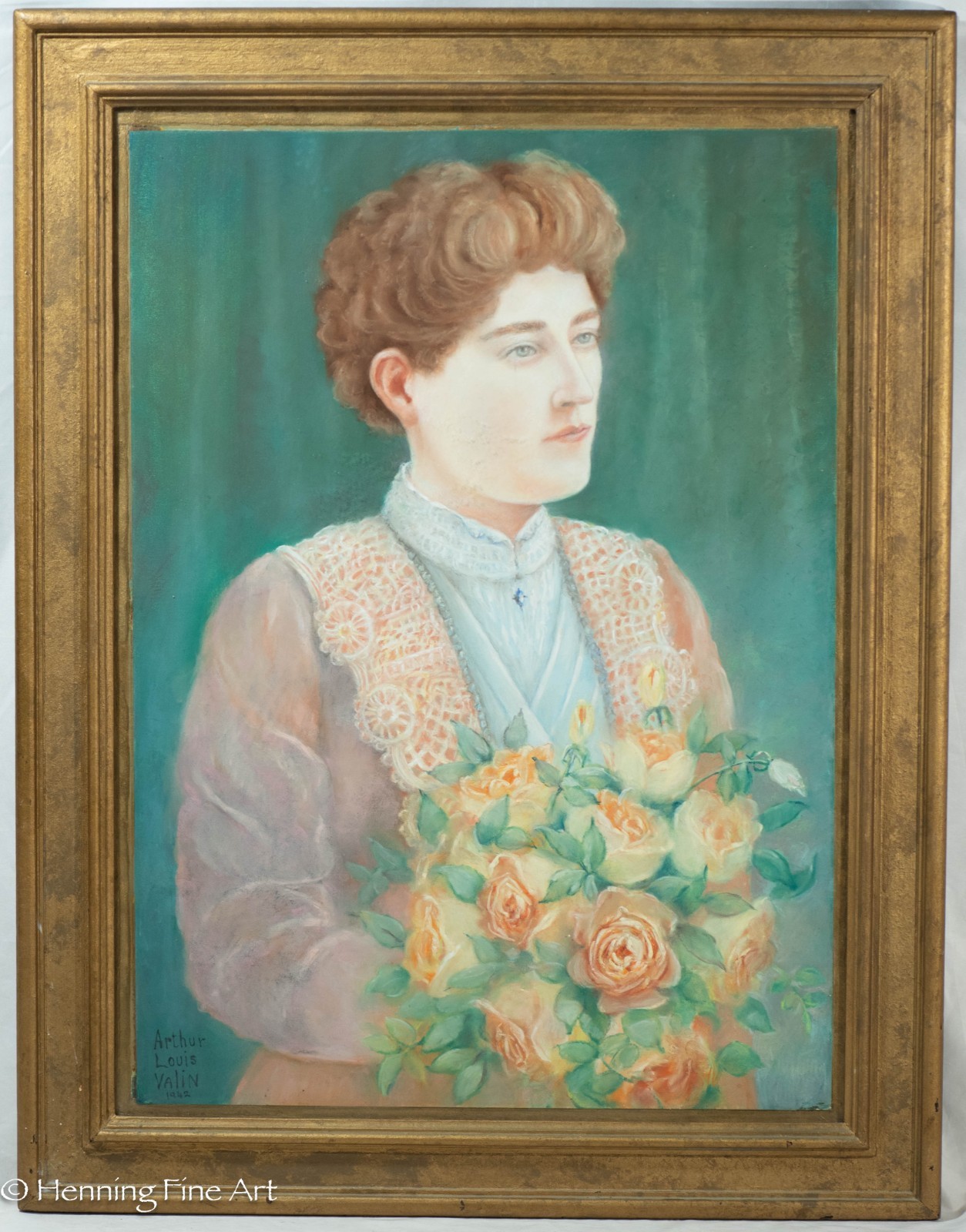 Beautiful Vintage Female Portrait with Roses by Arthur Valin of 19th c. Woman