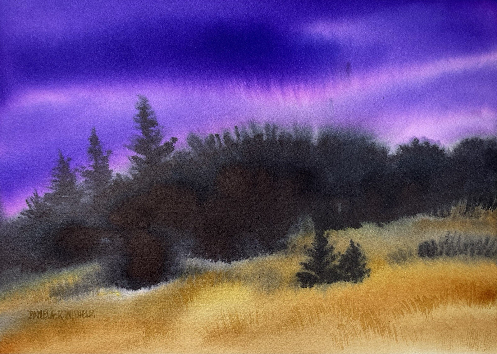 9”x12” Pamela Wilhelm Original Watercolor Purple Golden-yellow Moody Landscape