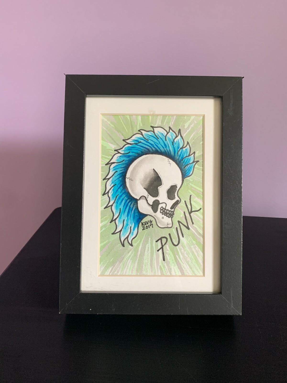 Original Tattoo Flash Art Watercolor Painting Kev G Punk Rock Mohawk Skull