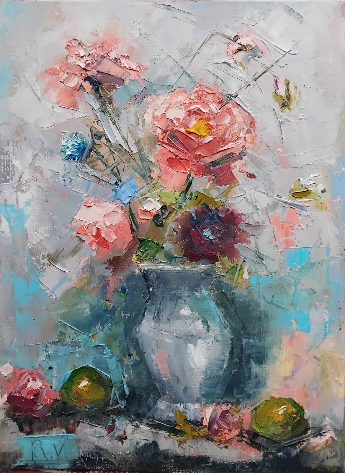 Vintage Floral Oil Painting Distressed Shabby Chic Pink Roses Flowers, nice gift