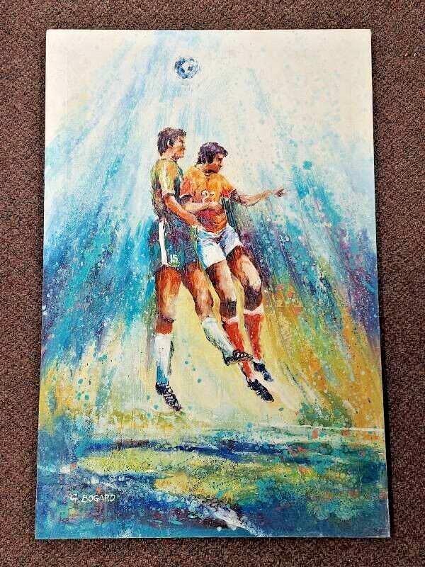 Unique Textured Soccer Themed Painting by G. Bogard 36 1/2″ x 24″ Oil on Canvas