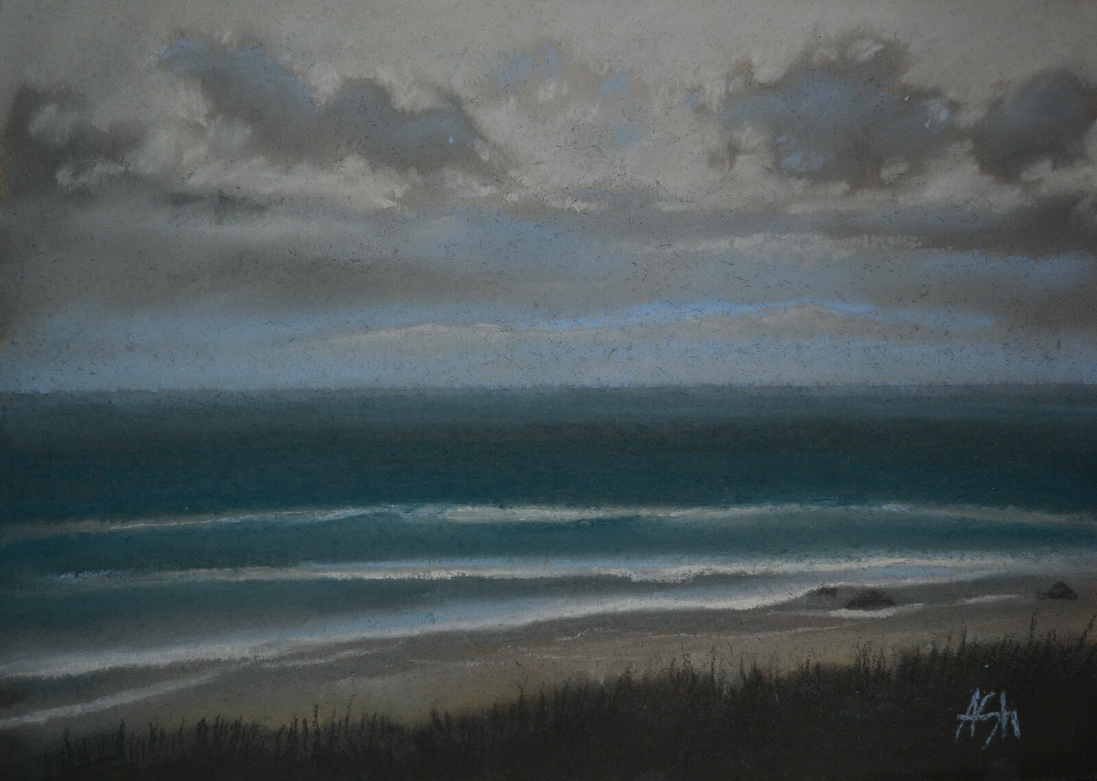 Cloudy Sky Ocean Grey Clouds Storm Original Pastel Drawing 11 1/2 x 8 1/4 in