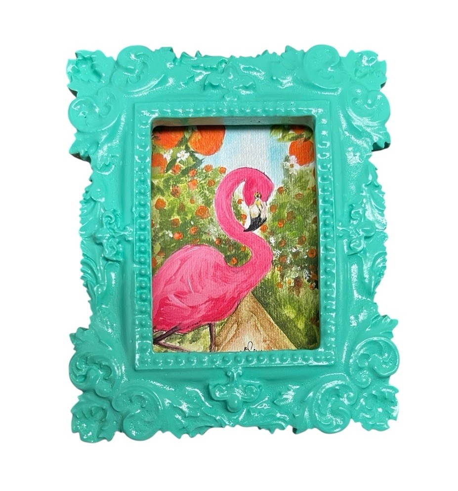 Pink Flamingo in Orange Grove watercolor print in mini vintage style frame