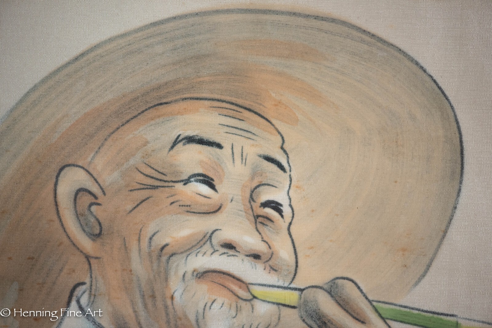 Beautiful Vintage Chinese Silk Painting Man Woman Portraits Smoking, Framed