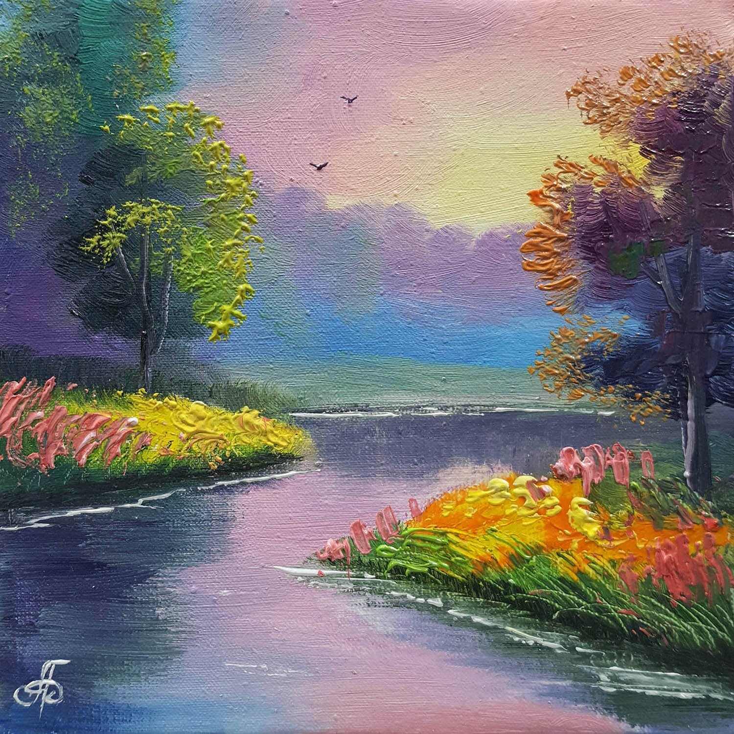 Original Oil Landscape Painting Impressionist River Sunset Canvas Wall Art Decor
