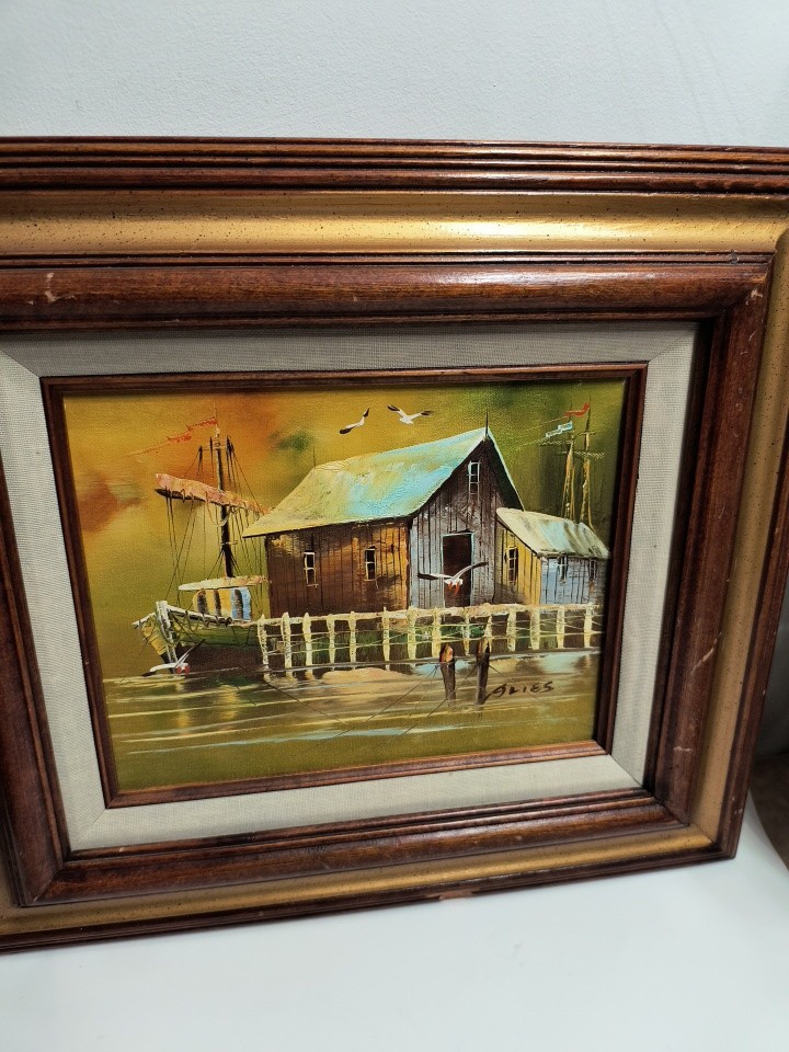Vtg Framed Original L. Alies Marine Boat Scene Impressions Oil Painting 15 x 17