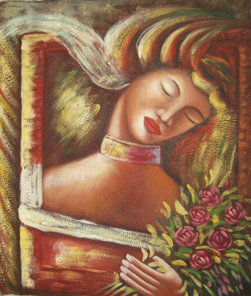Hand painted and signed lady with flowers art OIL PAINTING ON CANVAS, 20″ x 24″