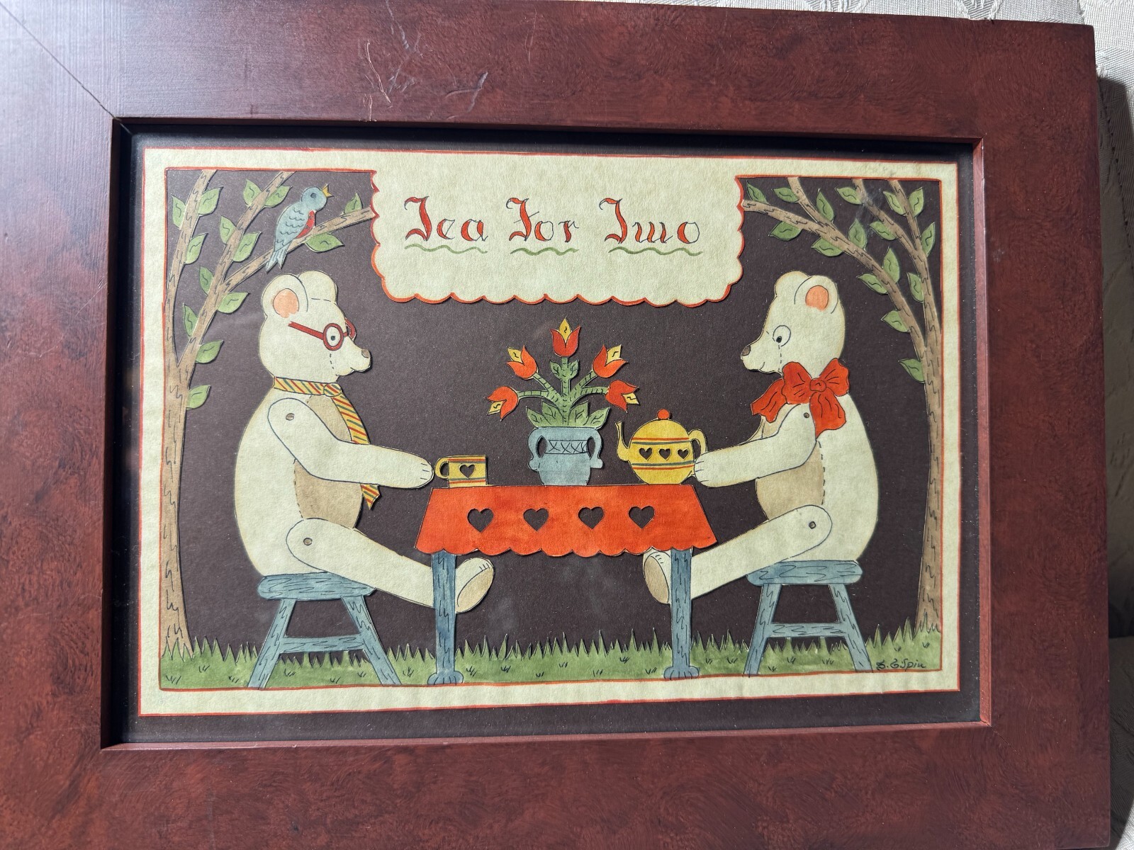 Sandra Gilpin Scherenschnitte «Tea For Two» Folk Art – Signed And Framed