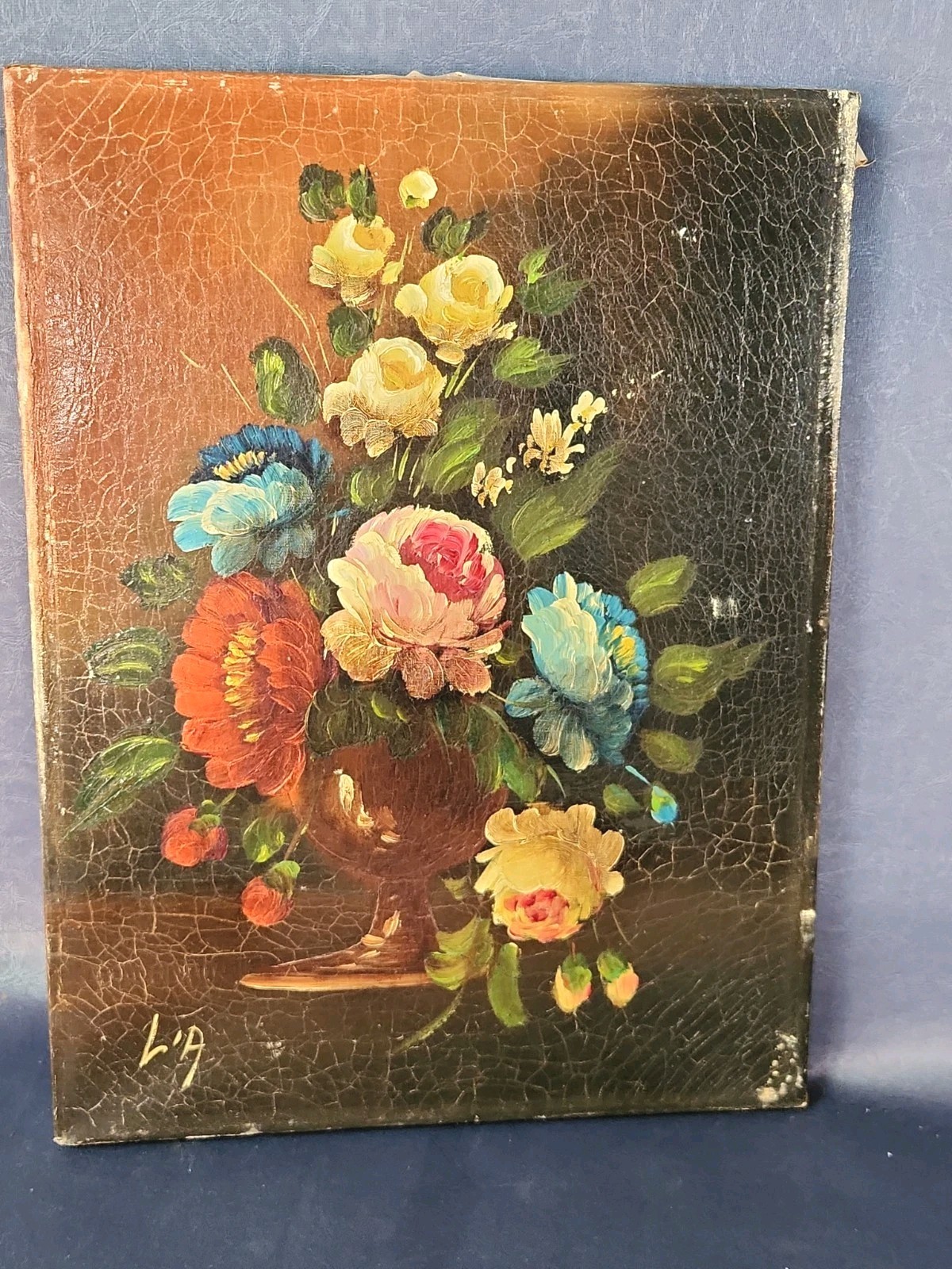 Vintage Signed L.A. Original Oil Painting Floral Still Life Peonies Roses 16×12