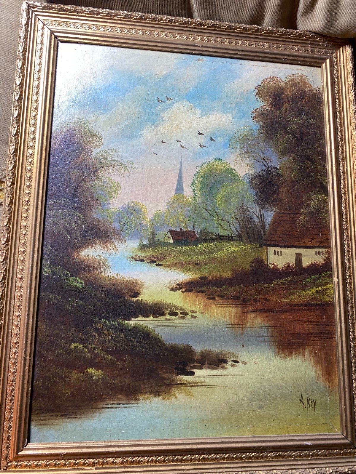 Antique A Rey «Homes By River And Landscape Scene» Oil Painting – Signed/Framed