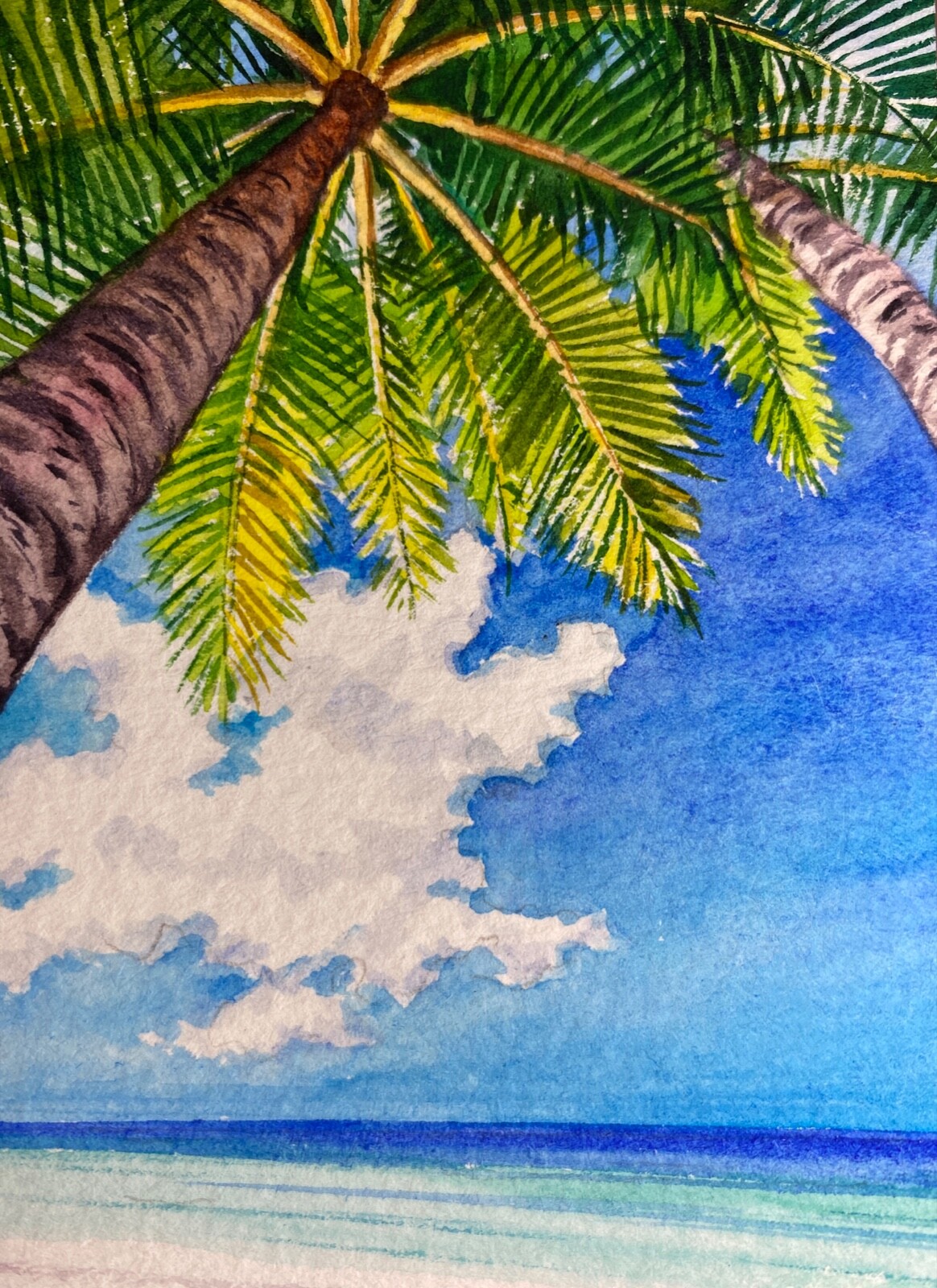 Watercolor Painting Ocean Beach Palm Tree Seascape ACEO Art No.261