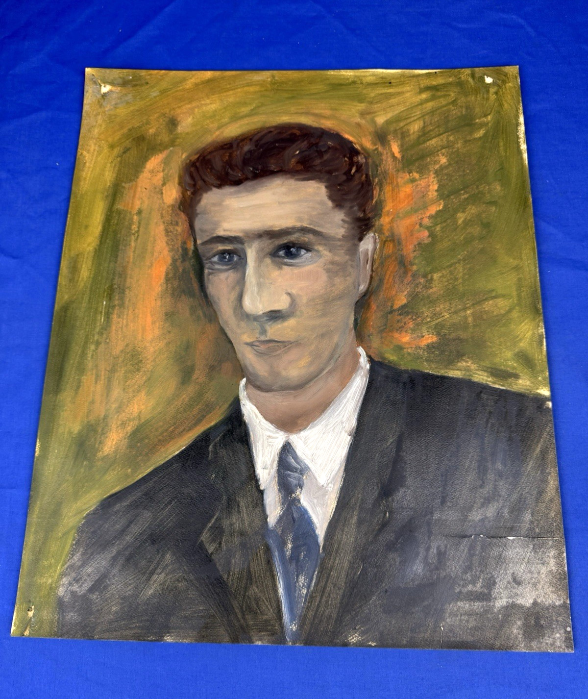 C.1950 Man’s Portrait, Oil on Paper Period Professional Male in Suit 18″ x 15″