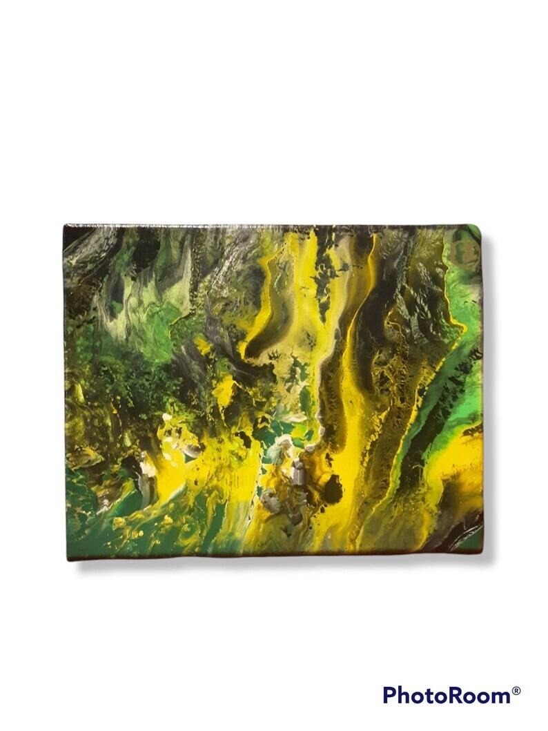 8 in x 10 in Green and Yellow Abstract Landscape Black Light Painting on Canvas