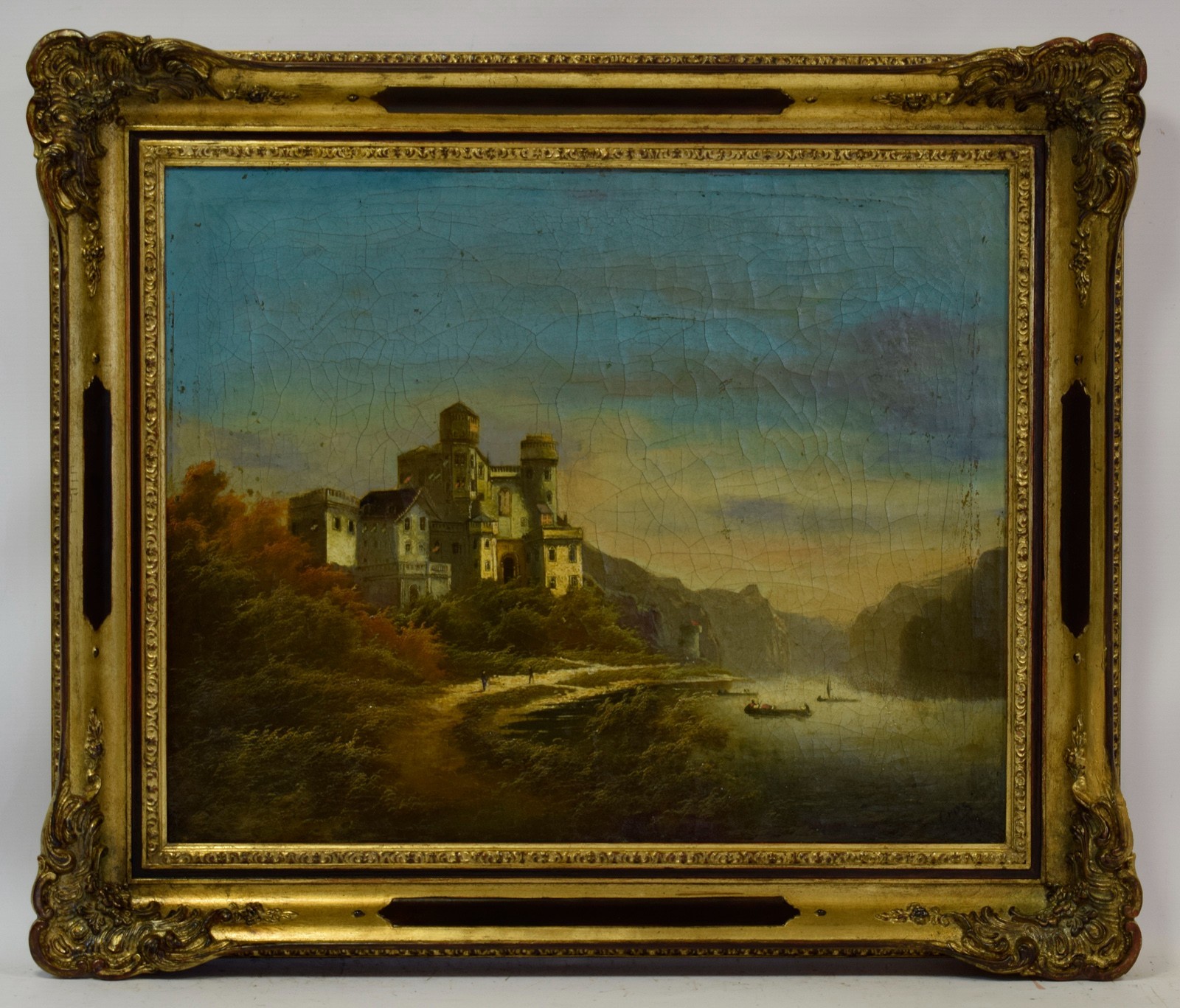 1839 Old painting, Castle by the river at sunset, oil, signed and dated.