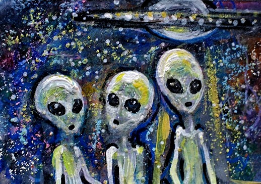 Original ACEO Painting ALIEN Spaceship Stars ET Martian Universe UFO ATC ART