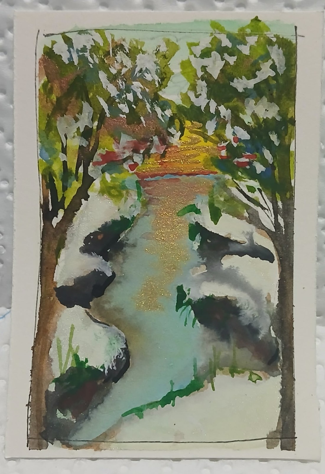 ACEO OOAK Winter River Oriental Style Watercolor Snow Trees Golden Sun Art