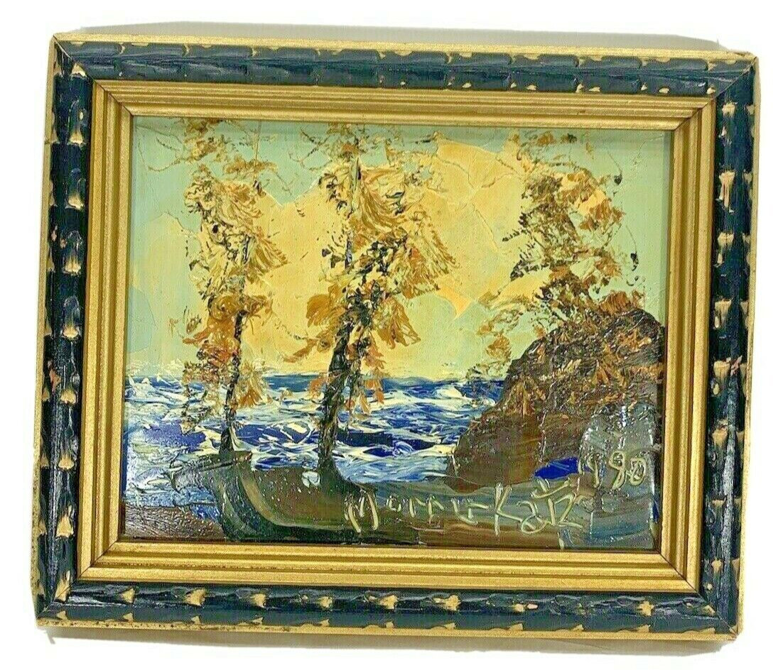 Morris Katz Oil Painting Wavy Ocean Trees w/ Sky Background 12X10″ 80’s Art