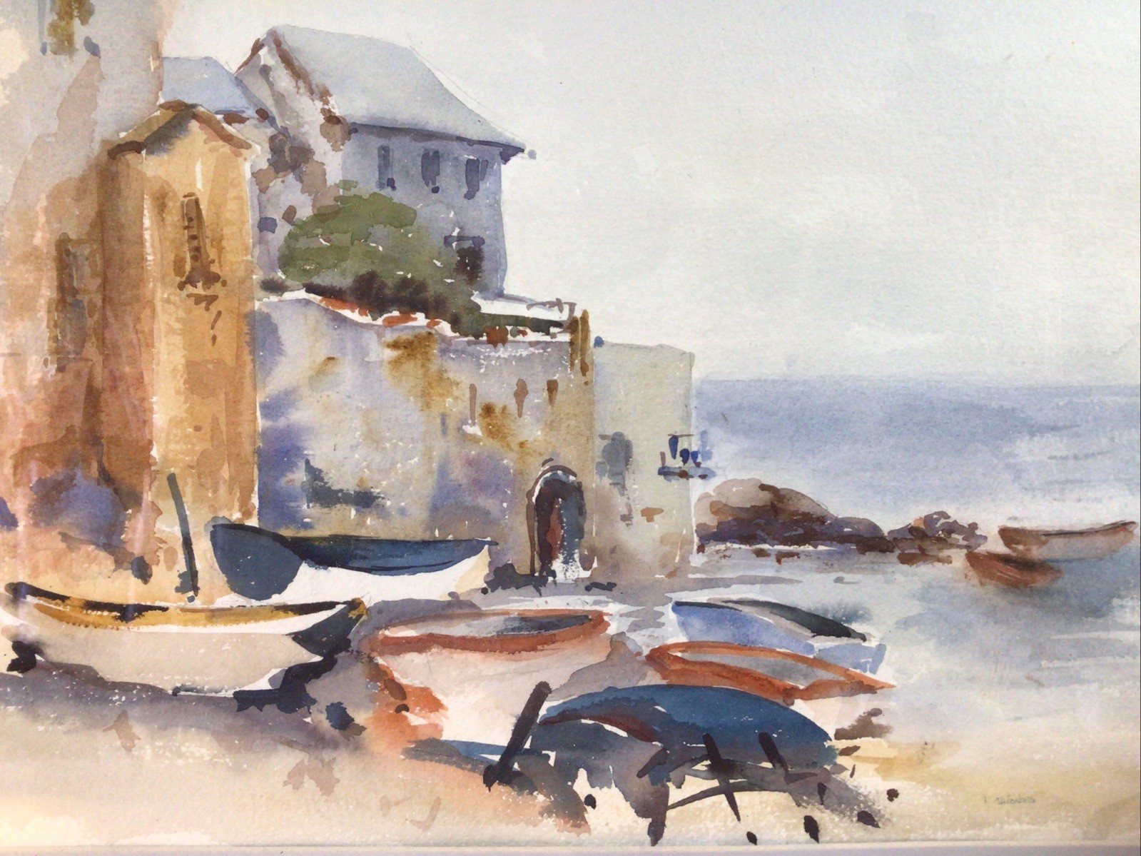 Artist Forbes Fishing Boats At Harbour Framed Watercolour Painting 1980s